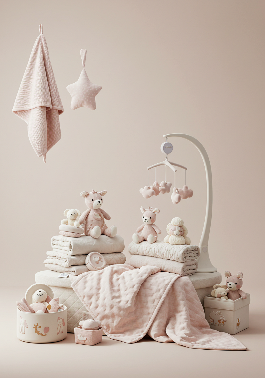 Pink Baby Nursery Set with Blankets, Toys & Mobile