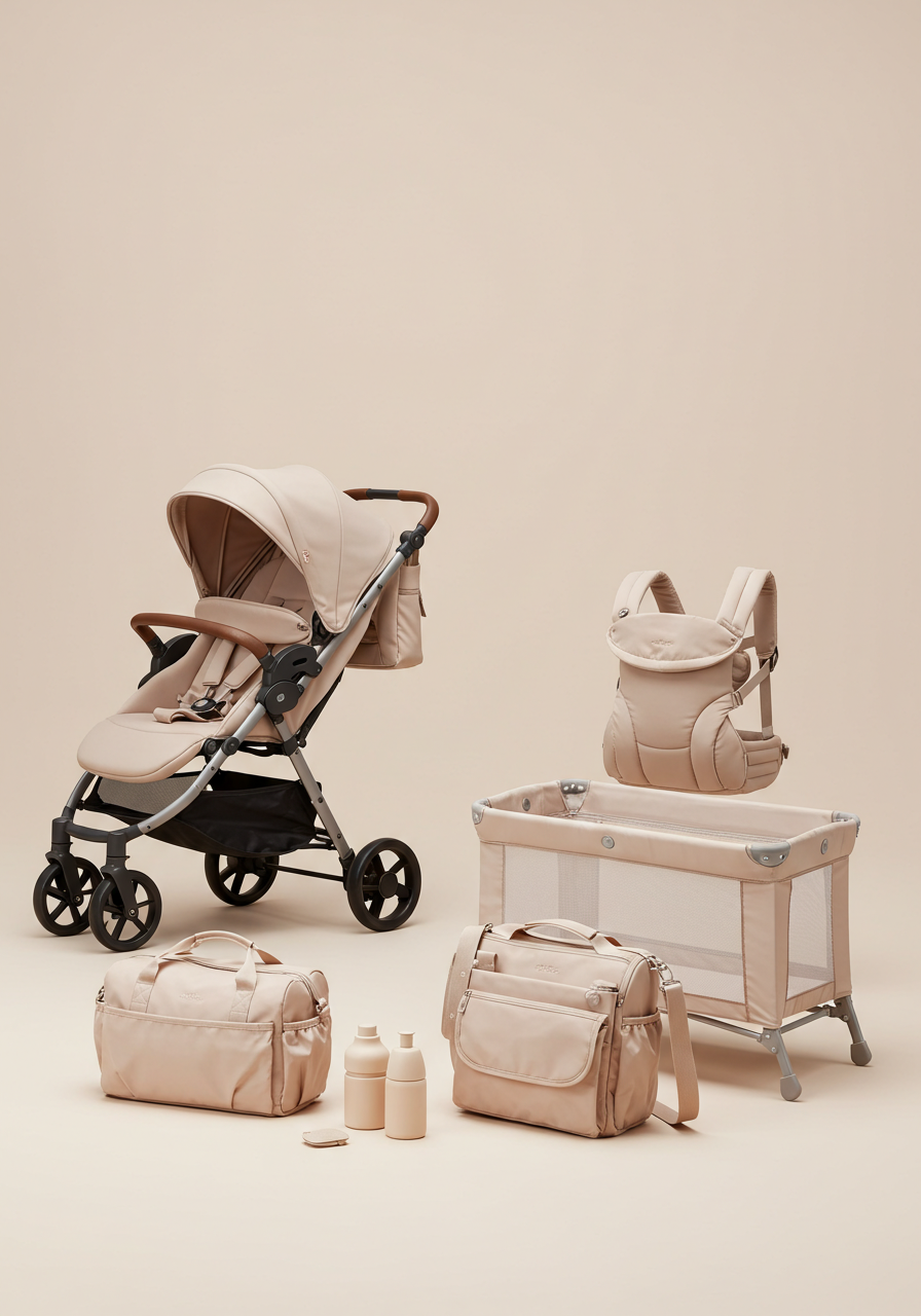 Beige Baby Travel Set: Stroller, Carrier, Cot & Diaper Bag