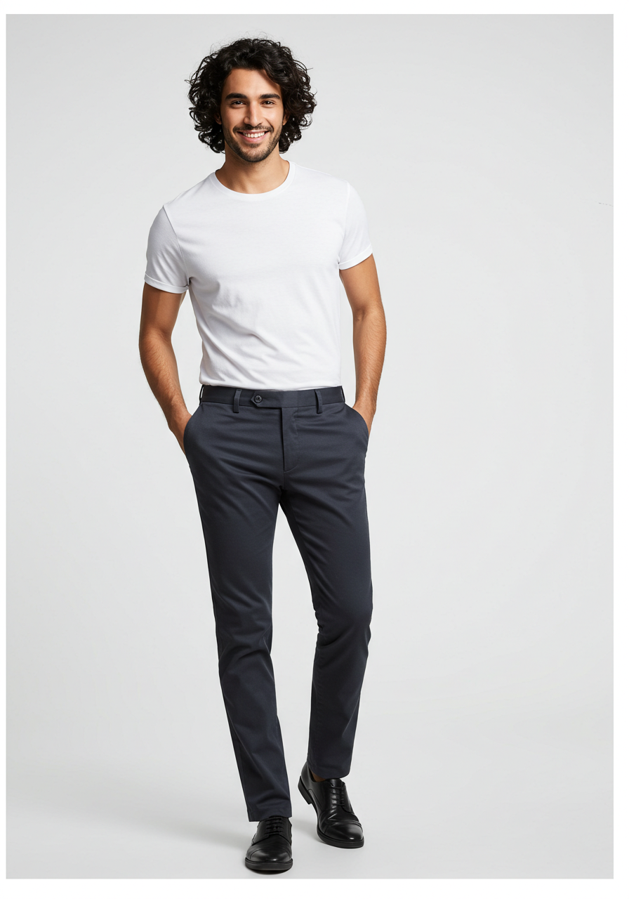 Men's Casual White Tee and Dark Navy Pants Set  
