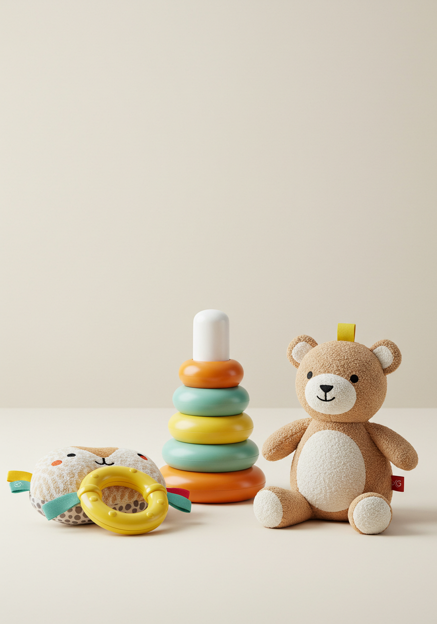 Baby Toy Set: Stacking Rings, Plush Bear & Teething Ring