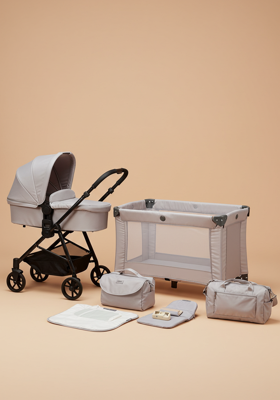 Beige Baby Travel Set: Stroller, Carrier, Cot & Diaper Bag