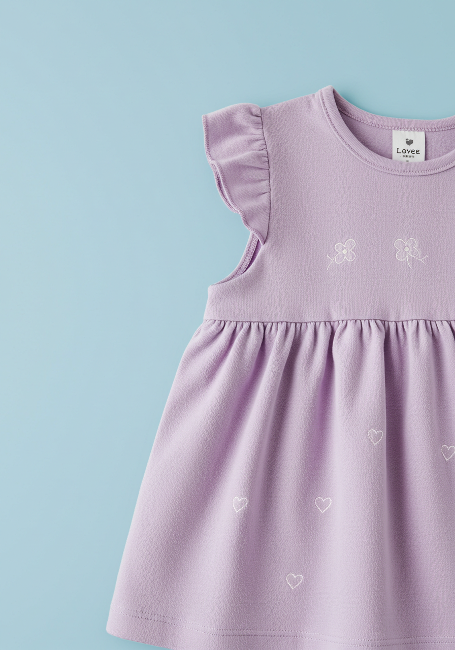 Lovely Purple Ruffled Baby Dress with Heart & Flower Embroidery